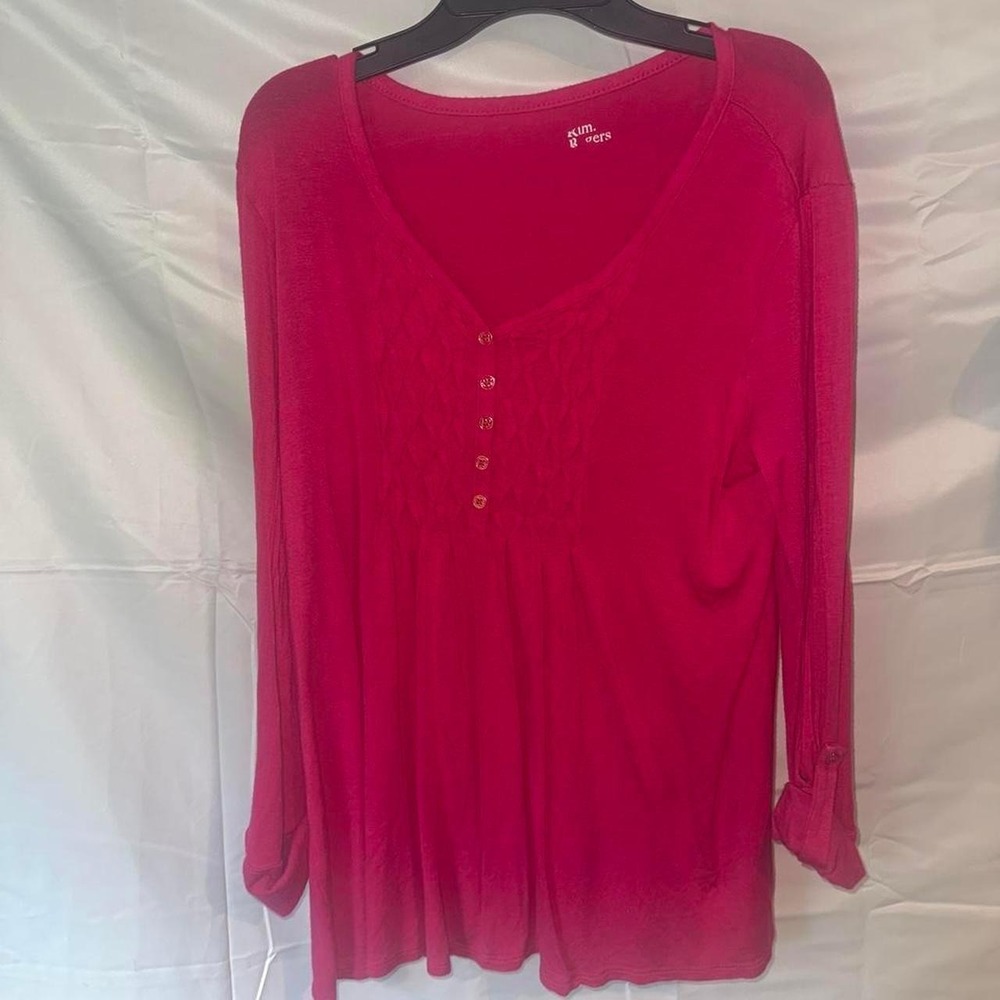 Kim Rogers Womens Magenta Pink Pintuck V-Neck Roll Tab Long Sleeve Knit Top